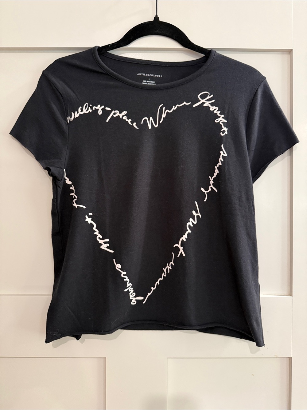 Anthropologie Black Tee with White Script Heart “Dwelling Place”